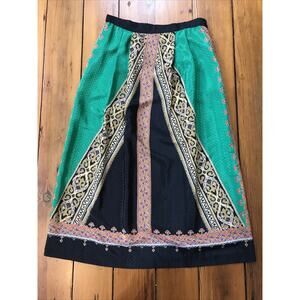 Vtg Silky Designer Rope Motif Green Patterned Maxi Skirt Waist Wrap Scarf 30" S